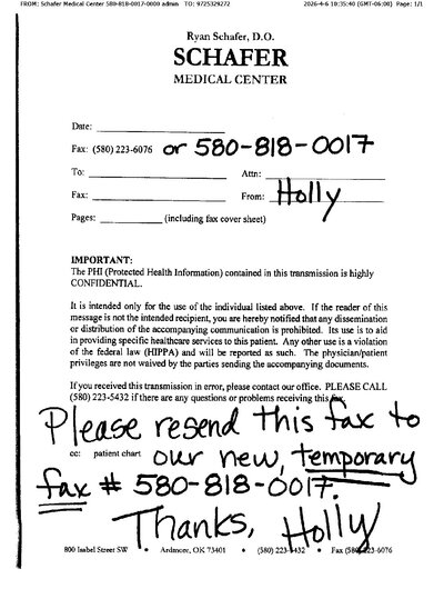 Fax from SCHAFERMEDICALCENT